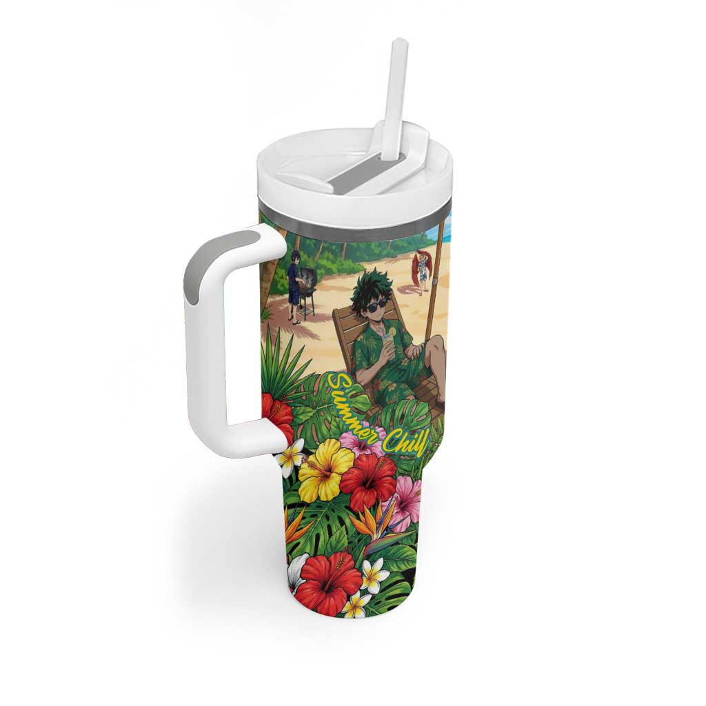 Midoriya Izuku Summer Chill Tumbler With Handle Tropical Anime Relaxation Scene
