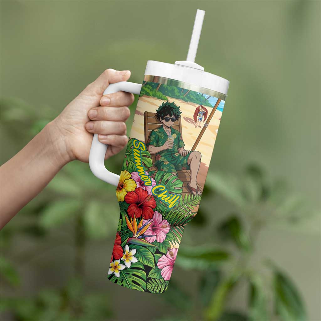 Midoriya Izuku Summer Chill Tumbler With Handle Tropical Anime Relaxation Scene