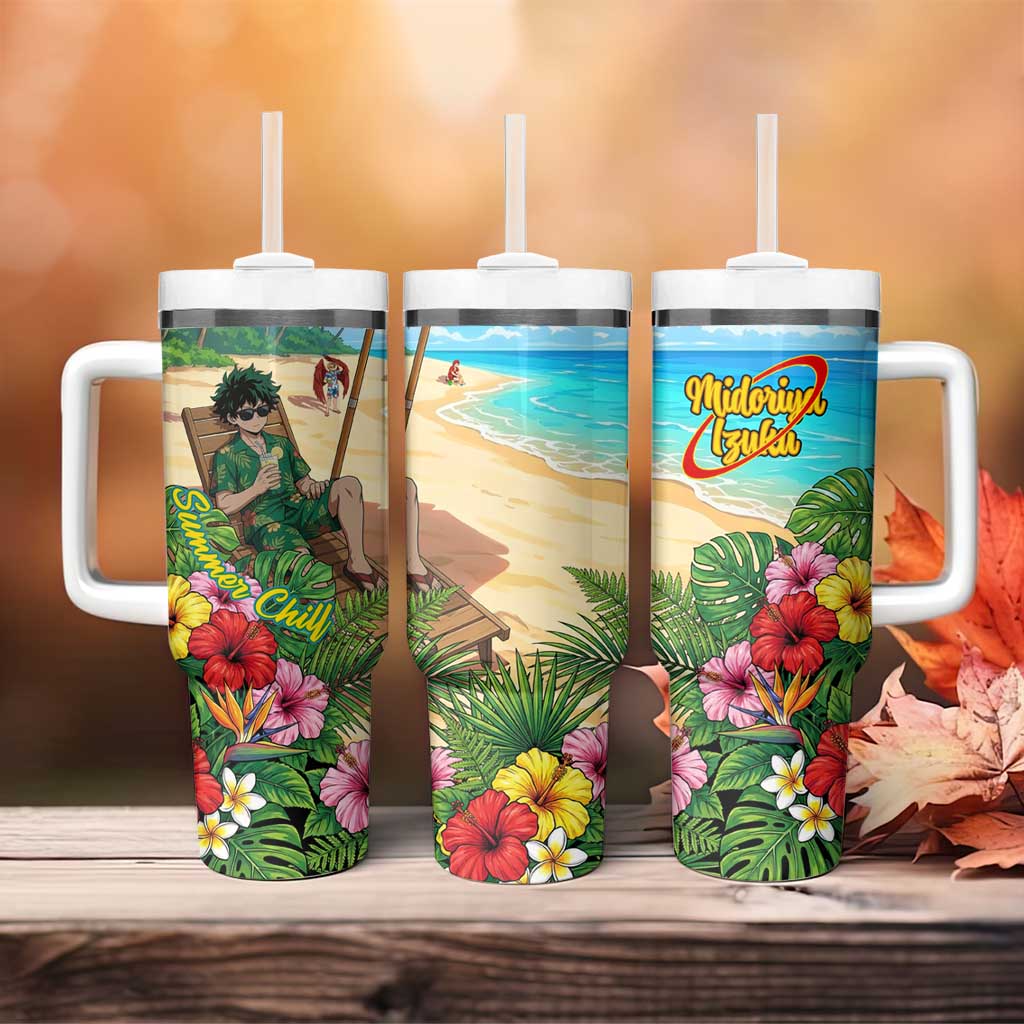 Midoriya Izuku Summer Chill Tumbler With Handle Tropical Anime Relaxation Scene