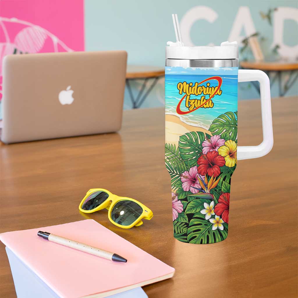 Midoriya Izuku Summer Chill Tumbler With Handle Tropical Anime Relaxation Scene