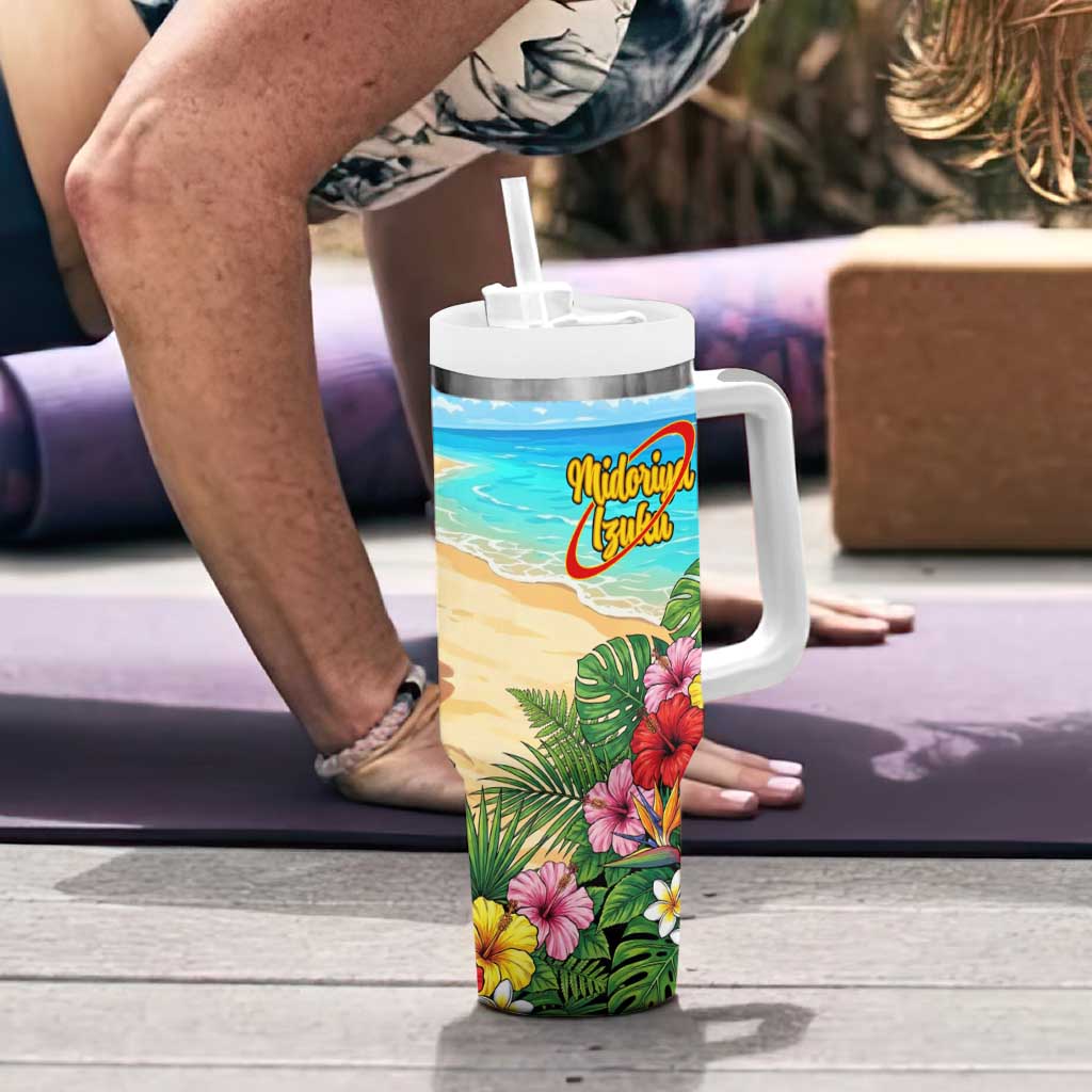 Midoriya Izuku Summer Chill Tumbler With Handle Tropical Anime Relaxation Scene