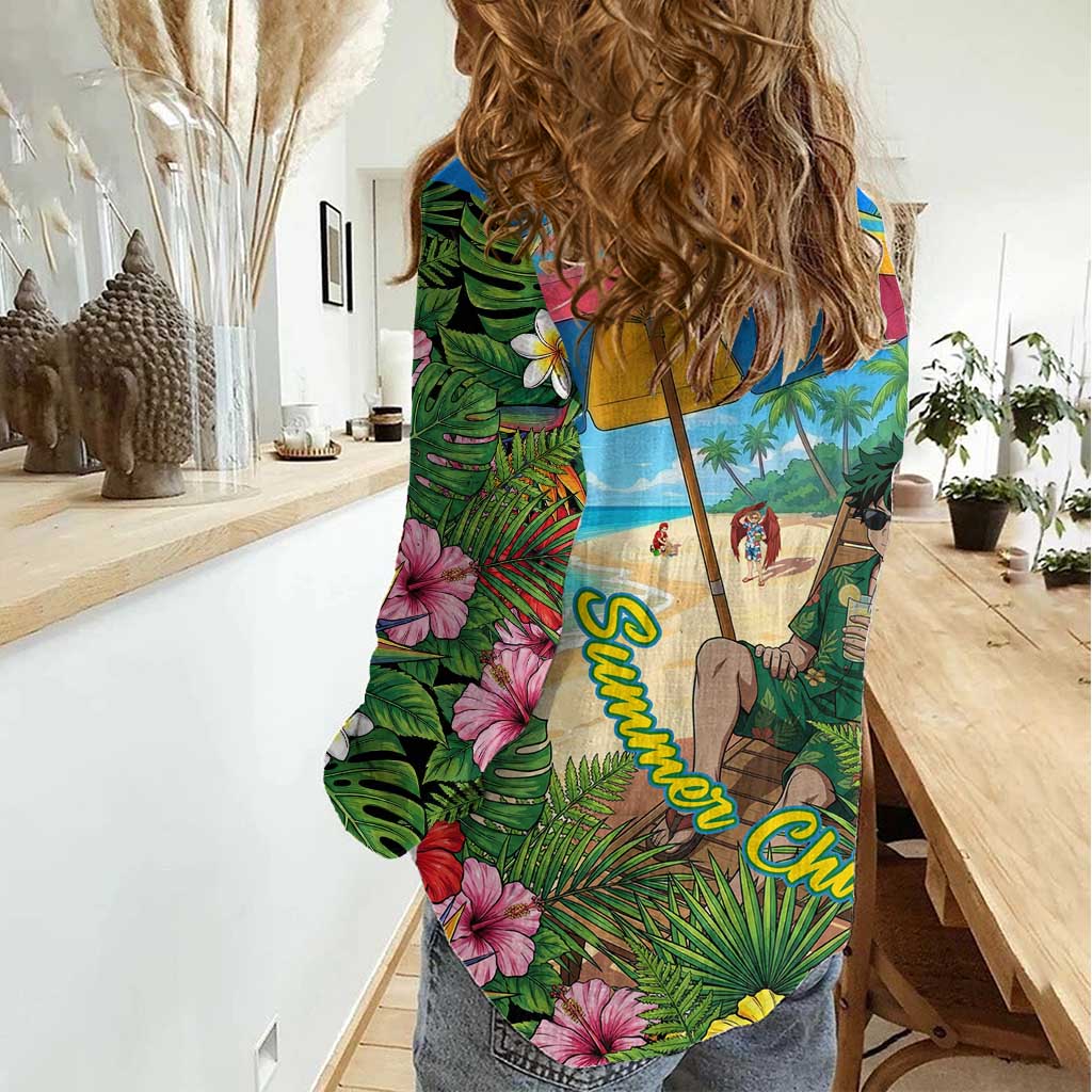 Midoriya Izuku Summer Chill Women Casual Shirt Tropical Anime Relaxation Scene