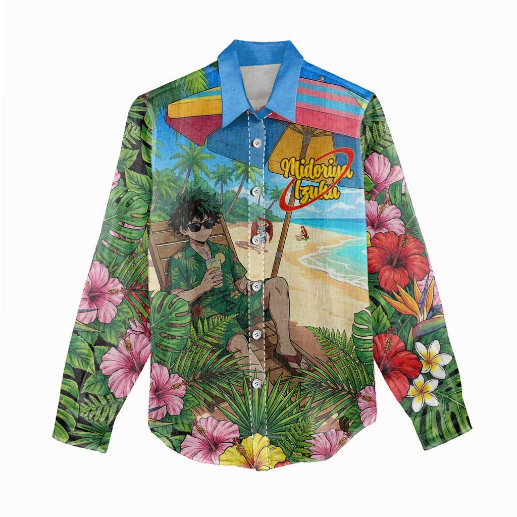 Midoriya Izuku Summer Chill Women Casual Shirt Tropical Anime Relaxation Scene