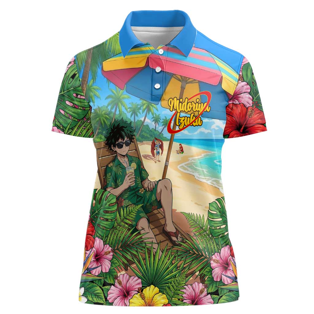 Midoriya Izuku Summer Chill Women Polo Shirt Tropical Anime Relaxation Scene