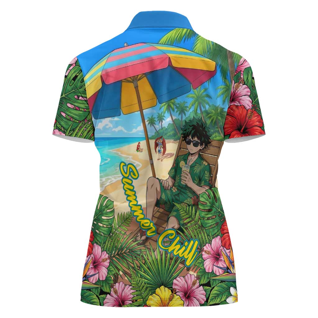 Midoriya Izuku Summer Chill Women Polo Shirt Tropical Anime Relaxation Scene