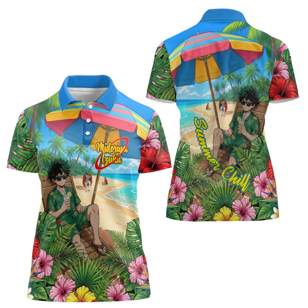 Midoriya Izuku Summer Chill Women Polo Shirt Tropical Anime Relaxation Scene