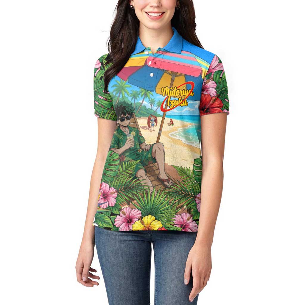 Midoriya Izuku Summer Chill Women Polo Shirt Tropical Anime Relaxation Scene