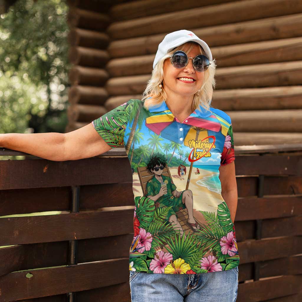 Midoriya Izuku Summer Chill Women Polo Shirt Tropical Anime Relaxation Scene