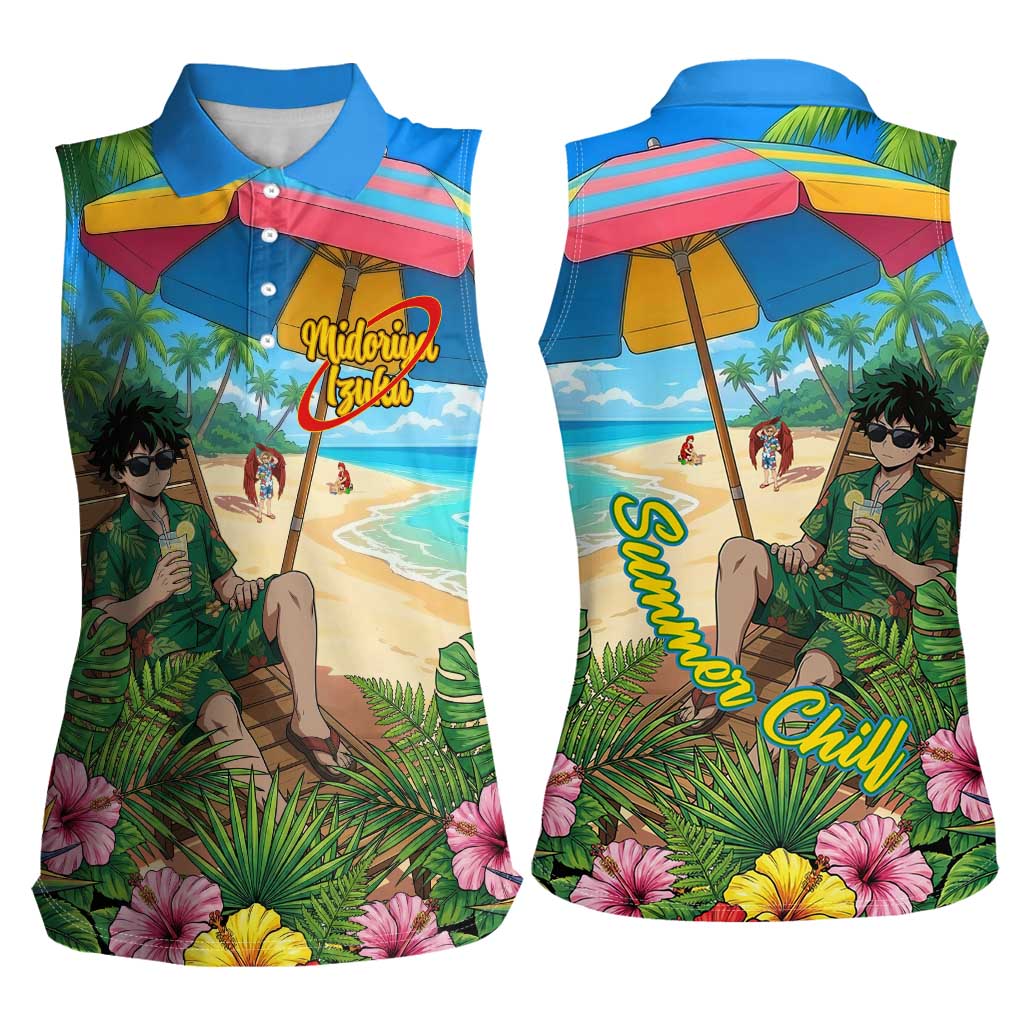 Midoriya Izuku Summer Chill Women Sleeveless Polo Shirt Tropical Anime Relaxation Scene