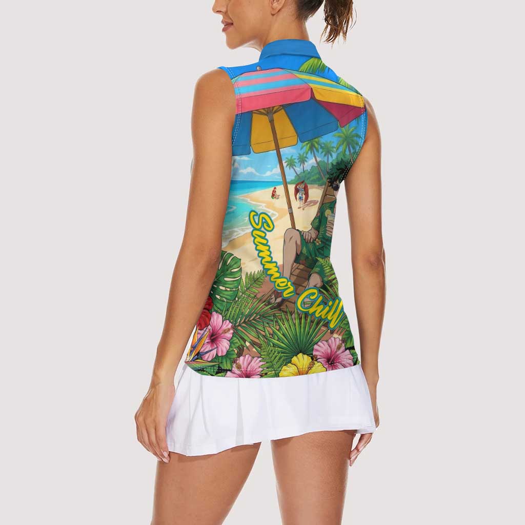 Midoriya Izuku Summer Chill Women Sleeveless Polo Shirt Tropical Anime Relaxation Scene