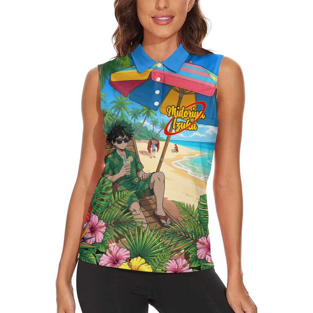 Midoriya Izuku Summer Chill Women Sleeveless Polo Shirt Tropical Anime Relaxation Scene