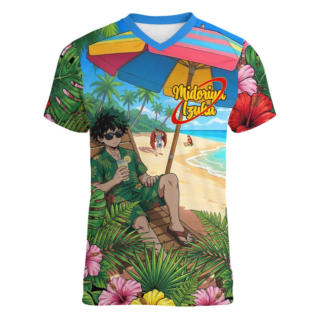Midoriya Izuku Summer Chill Women V-Neck T-Shirt Tropical Anime Relaxation Scene