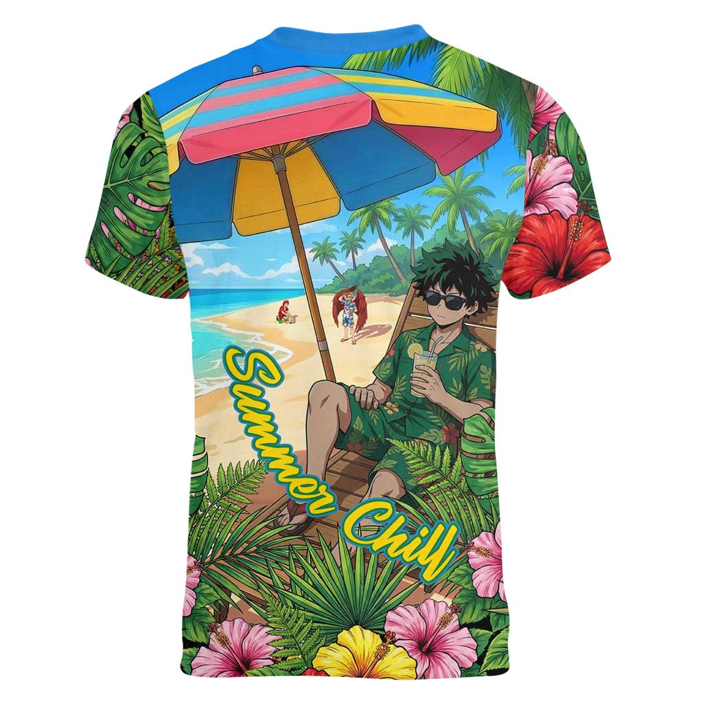 Midoriya Izuku Summer Chill Women V-Neck T-Shirt Tropical Anime Relaxation Scene