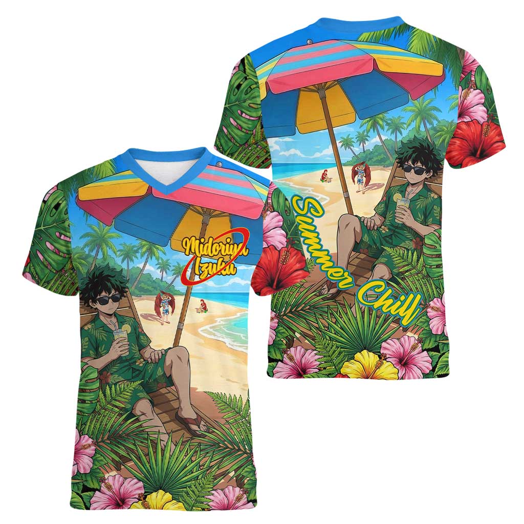 Midoriya Izuku Summer Chill Women V-Neck T-Shirt Tropical Anime Relaxation Scene