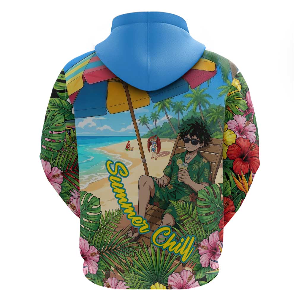 Midoriya Izuku Summer Chill Zip Hoodie Tropical Anime Relaxation Scene