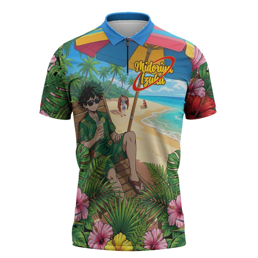 Midoriya Izuku Summer Chill Zipper Polo Shirt Tropical Anime Relaxation Scene