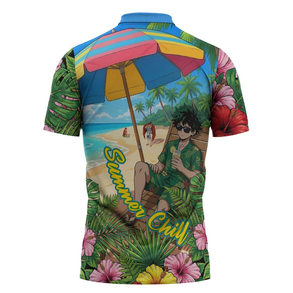 Midoriya Izuku Summer Chill Zipper Polo Shirt Tropical Anime Relaxation Scene