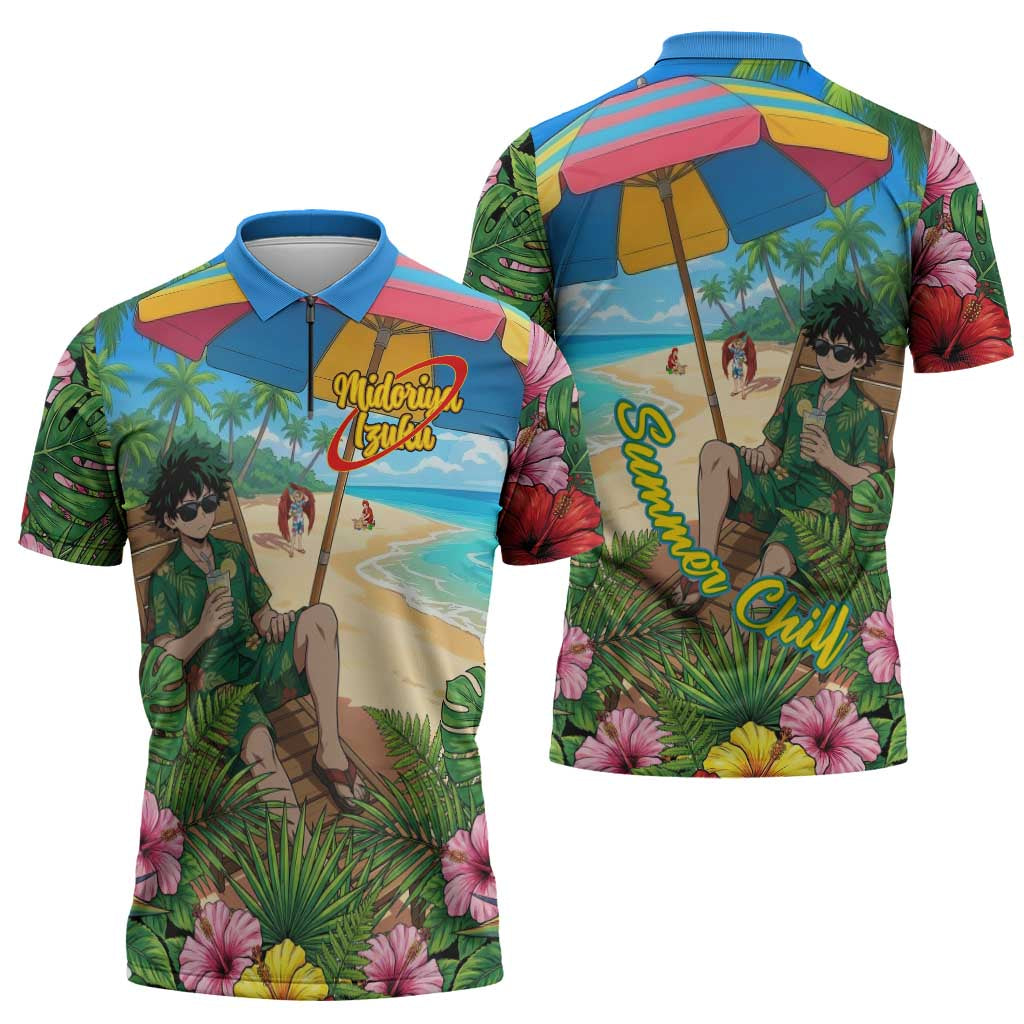 Midoriya Izuku Summer Chill Zipper Polo Shirt Tropical Anime Relaxation Scene