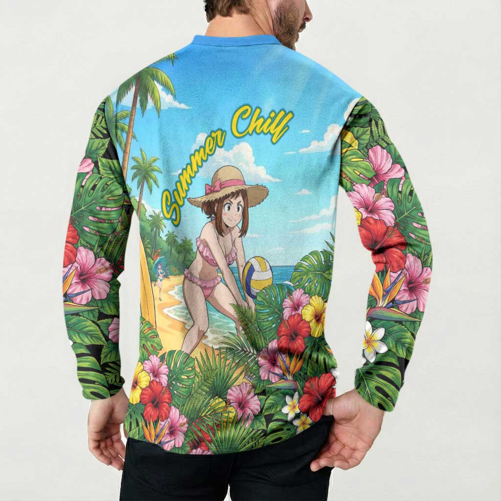 Ochako Uraraka Summer Chill Button Sweatshirt Tropical Anime Beach Play