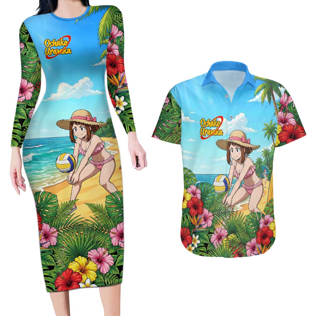 Ochako Uraraka Summer Chill Couples Matching Long Sleeve Bodycon Dress and Hawaiian Shirt Tropical Anime Beach Play