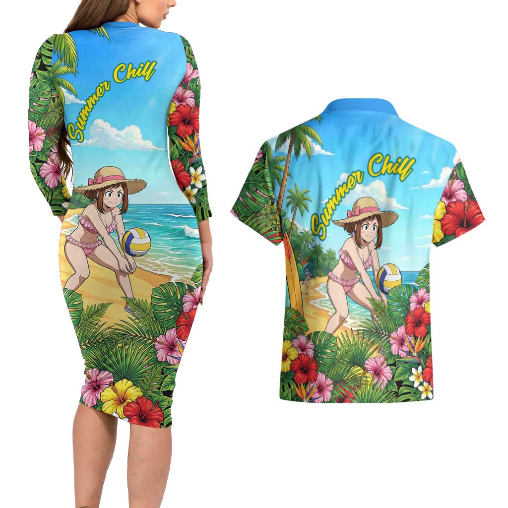 Ochako Uraraka Summer Chill Couples Matching Long Sleeve Bodycon Dress and Hawaiian Shirt Tropical Anime Beach Play