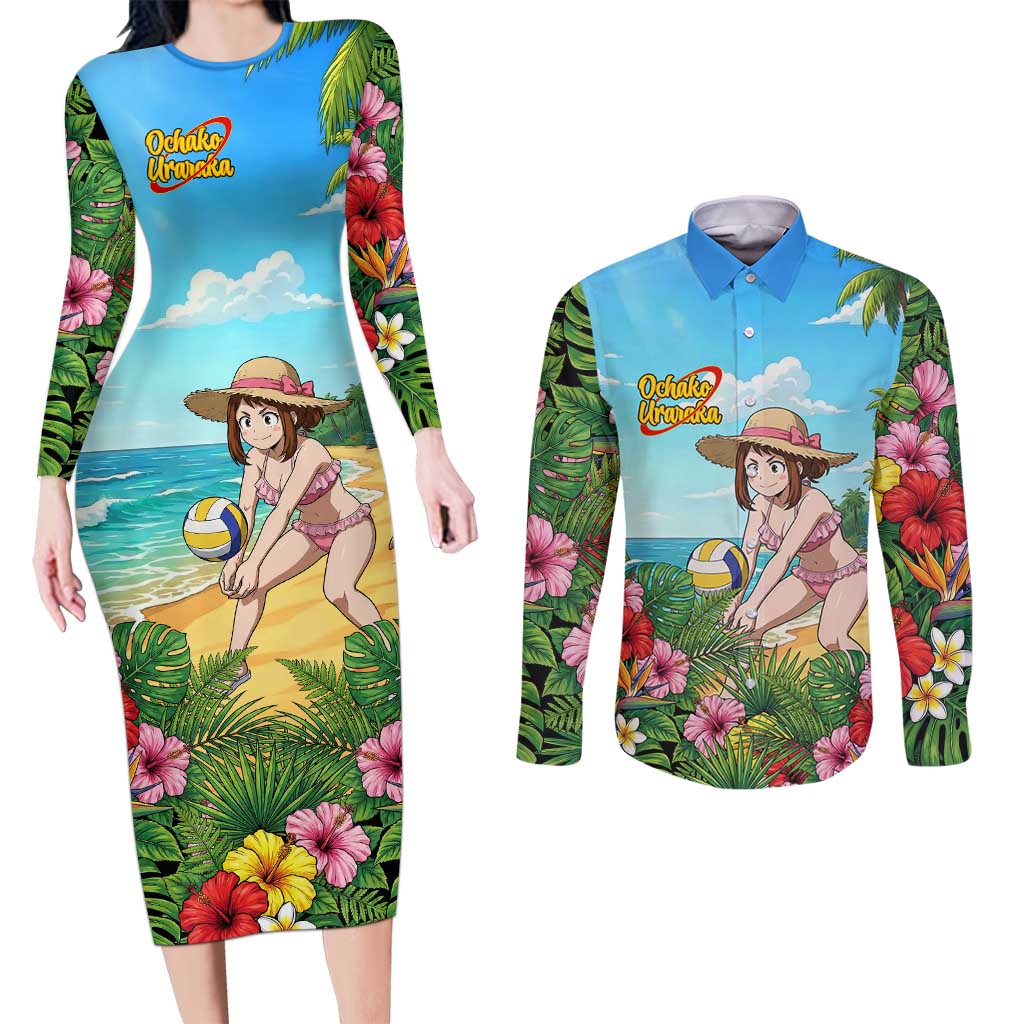 Ochako Uraraka Summer Chill Couples Matching Long Sleeve Bodycon Dress and Long Sleeve Button Shirt Tropical Anime Beach Play