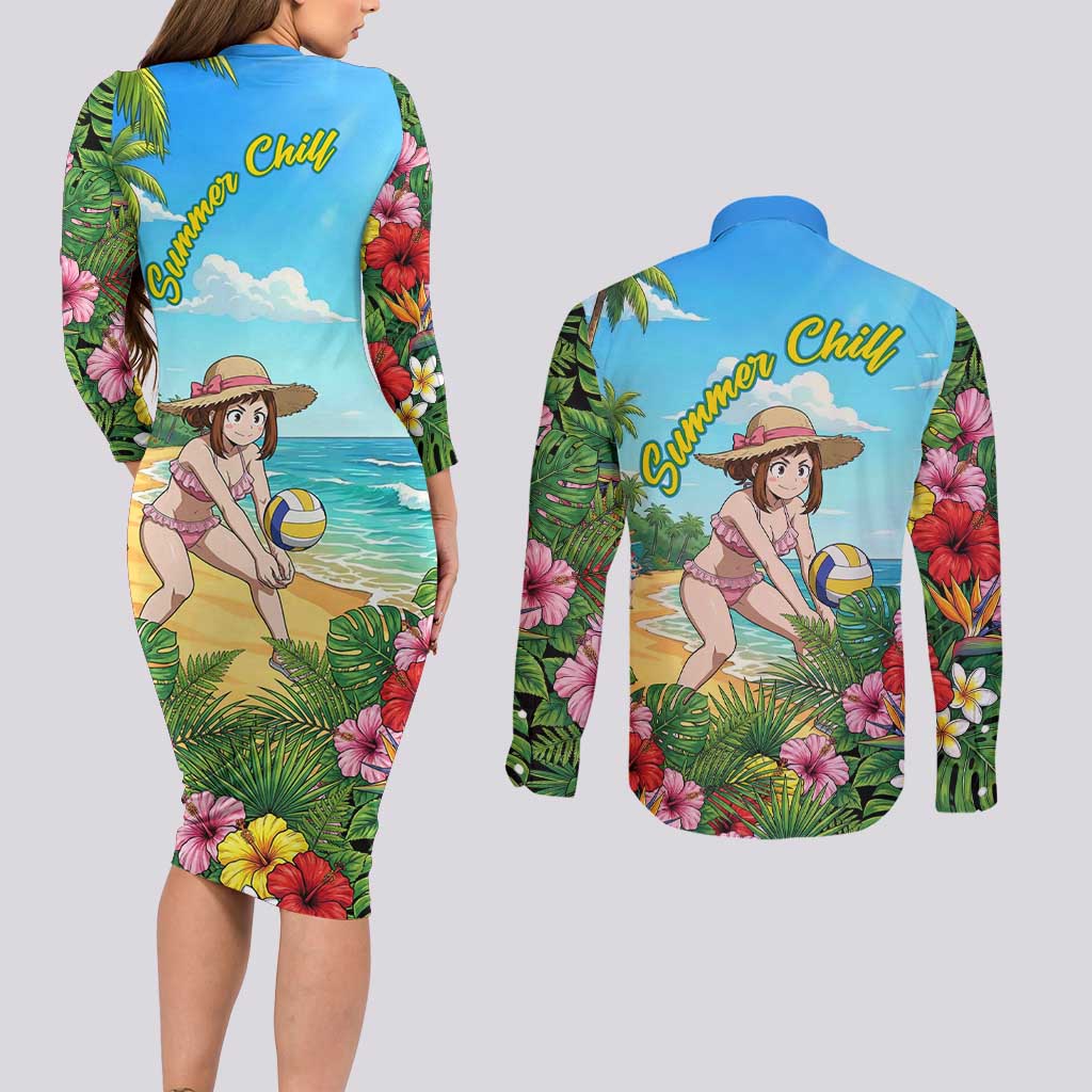 Ochako Uraraka Summer Chill Couples Matching Long Sleeve Bodycon Dress and Long Sleeve Button Shirt Tropical Anime Beach Play