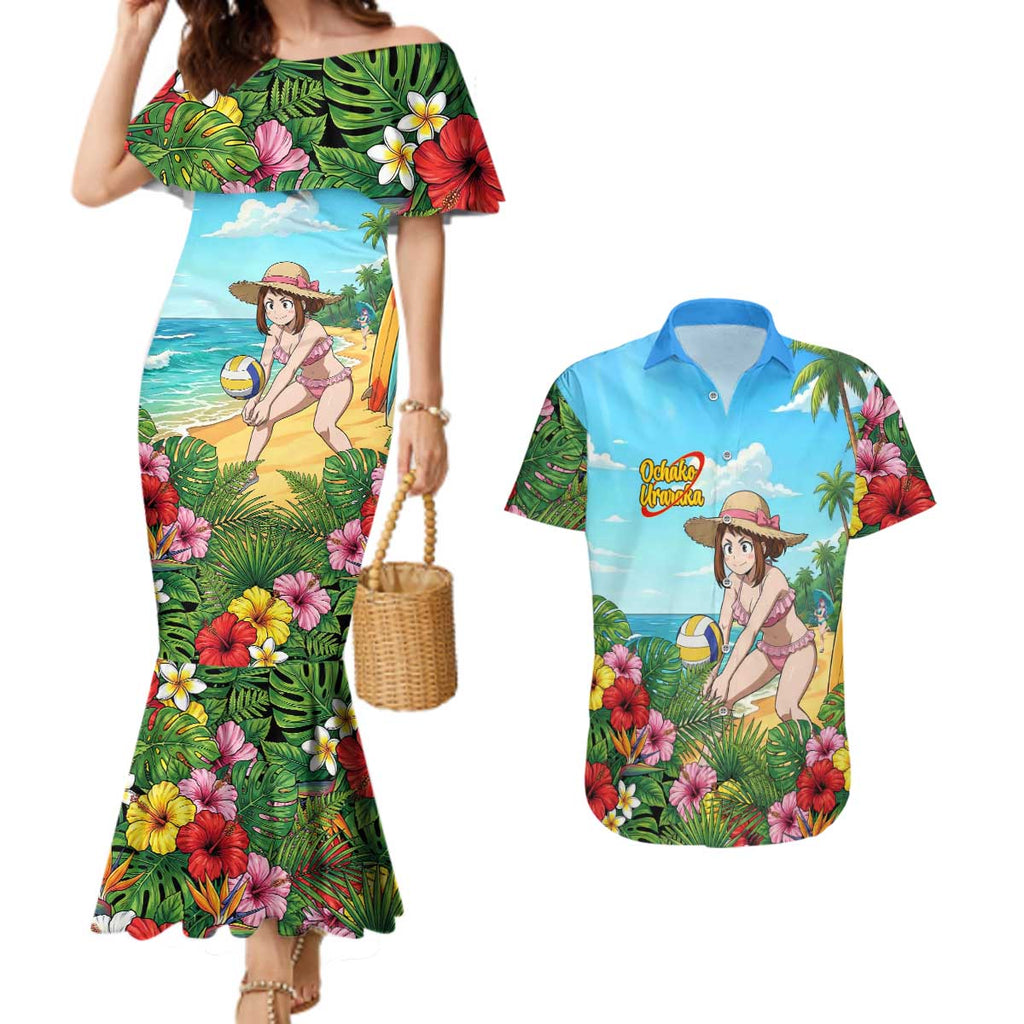 Ochako Uraraka Summer Chill Couples Matching Mermaid Dress and Hawaiian Shirt Tropical Anime Beach Play