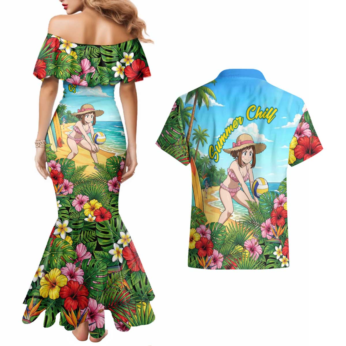 Ochako Uraraka Summer Chill Couples Matching Mermaid Dress and Hawaiian Shirt Tropical Anime Beach Play