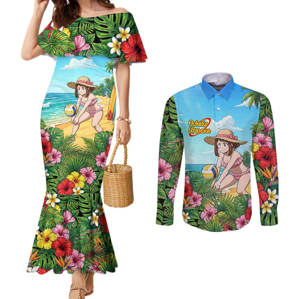 Ochako Uraraka Summer Chill Couples Matching Mermaid Dress and Long Sleeve Button Shirt Tropical Anime Beach Play