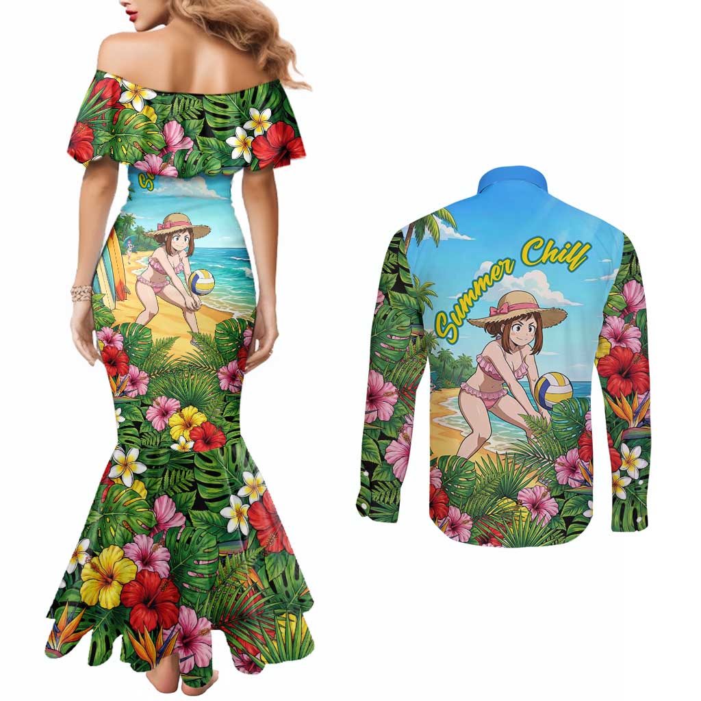 Ochako Uraraka Summer Chill Couples Matching Mermaid Dress and Long Sleeve Button Shirt Tropical Anime Beach Play