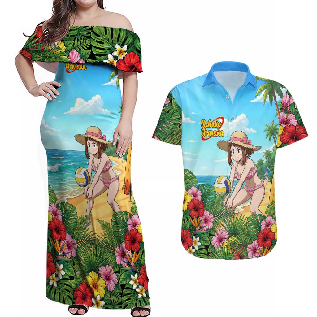 Ochako Uraraka Summer Chill Couples Matching Off Shoulder Maxi Dress and Hawaiian Shirt Tropical Anime Beach Play