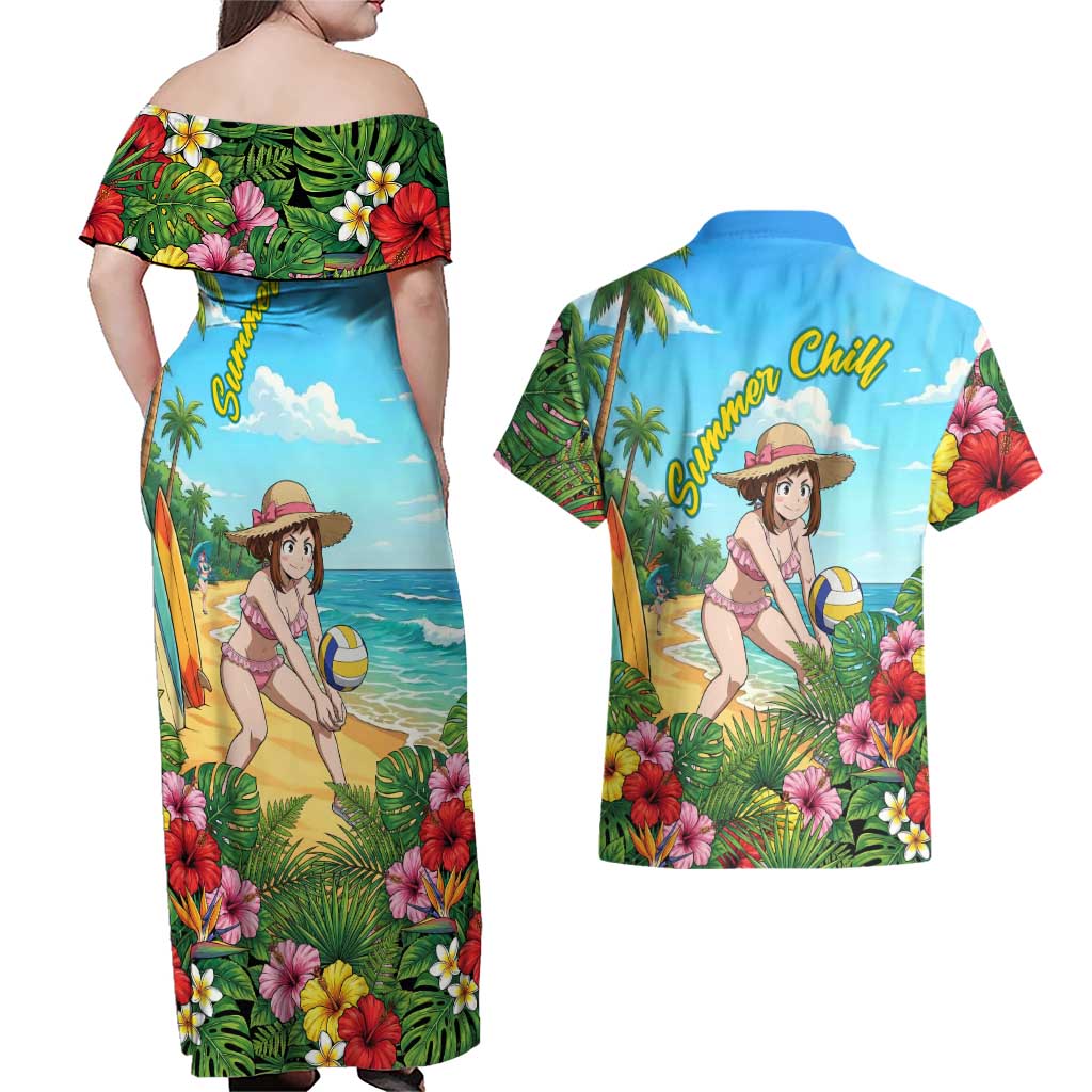Ochako Uraraka Summer Chill Couples Matching Off Shoulder Maxi Dress and Hawaiian Shirt Tropical Anime Beach Play