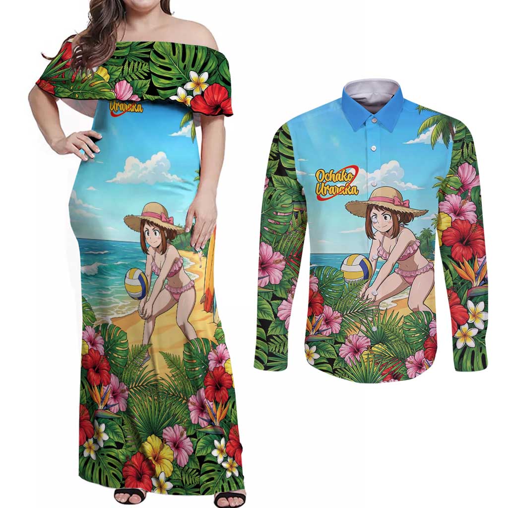 Ochako Uraraka Summer Chill Couples Matching Off Shoulder Maxi Dress and Long Sleeve Button Shirt Tropical Anime Beach Play