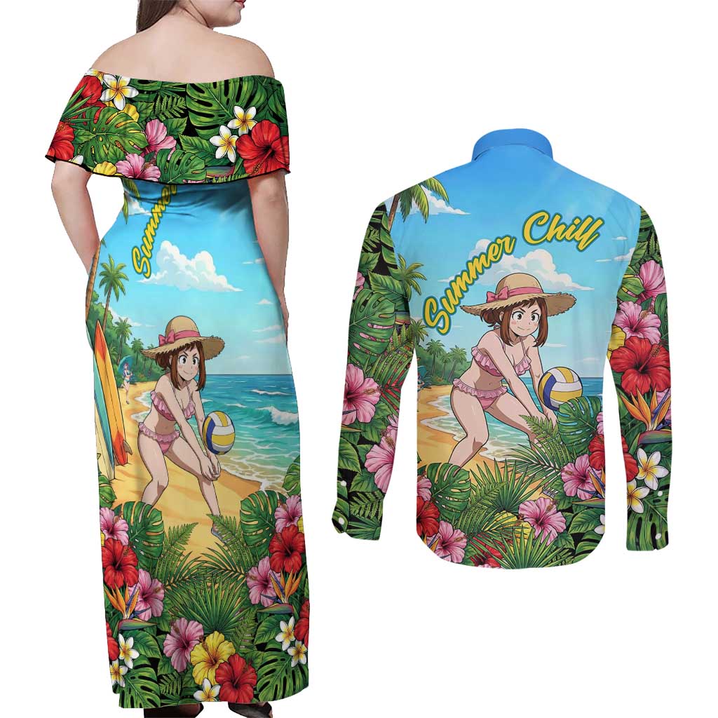 Ochako Uraraka Summer Chill Couples Matching Off Shoulder Maxi Dress and Long Sleeve Button Shirt Tropical Anime Beach Play