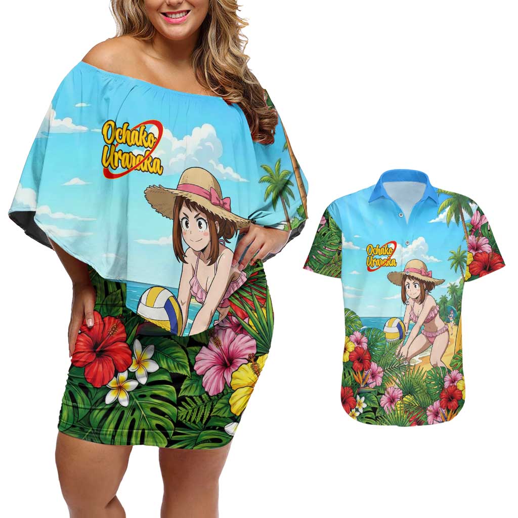 Ochako Uraraka Summer Chill Couples Matching Off Shoulder Short Dress and Hawaiian Shirt Tropical Anime Beach Play