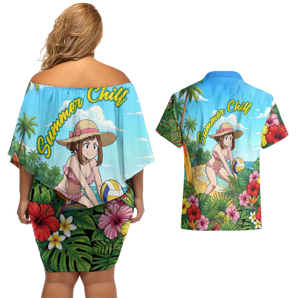 Ochako Uraraka Summer Chill Couples Matching Off Shoulder Short Dress and Hawaiian Shirt Tropical Anime Beach Play