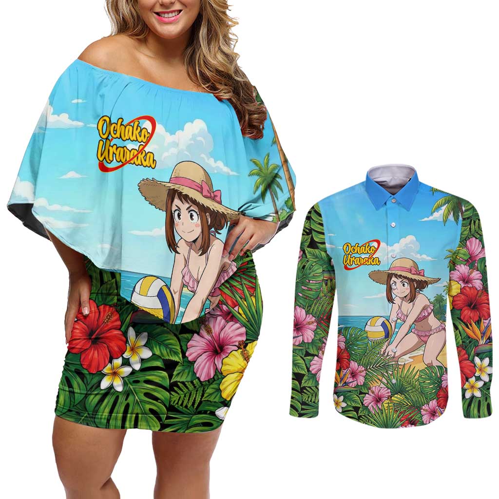 Ochako Uraraka Summer Chill Couples Matching Off Shoulder Short Dress and Long Sleeve Button Shirt Tropical Anime Beach Play