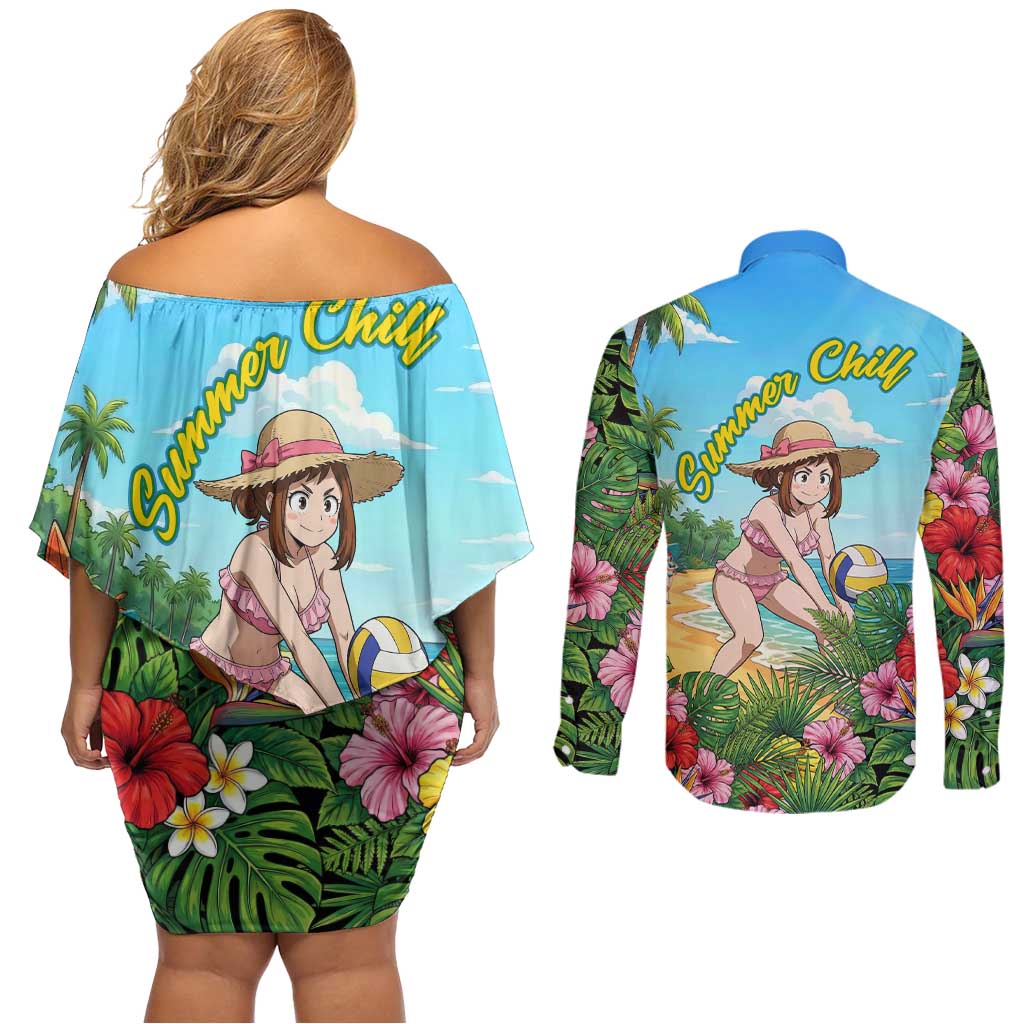 Ochako Uraraka Summer Chill Couples Matching Off Shoulder Short Dress and Long Sleeve Button Shirt Tropical Anime Beach Play