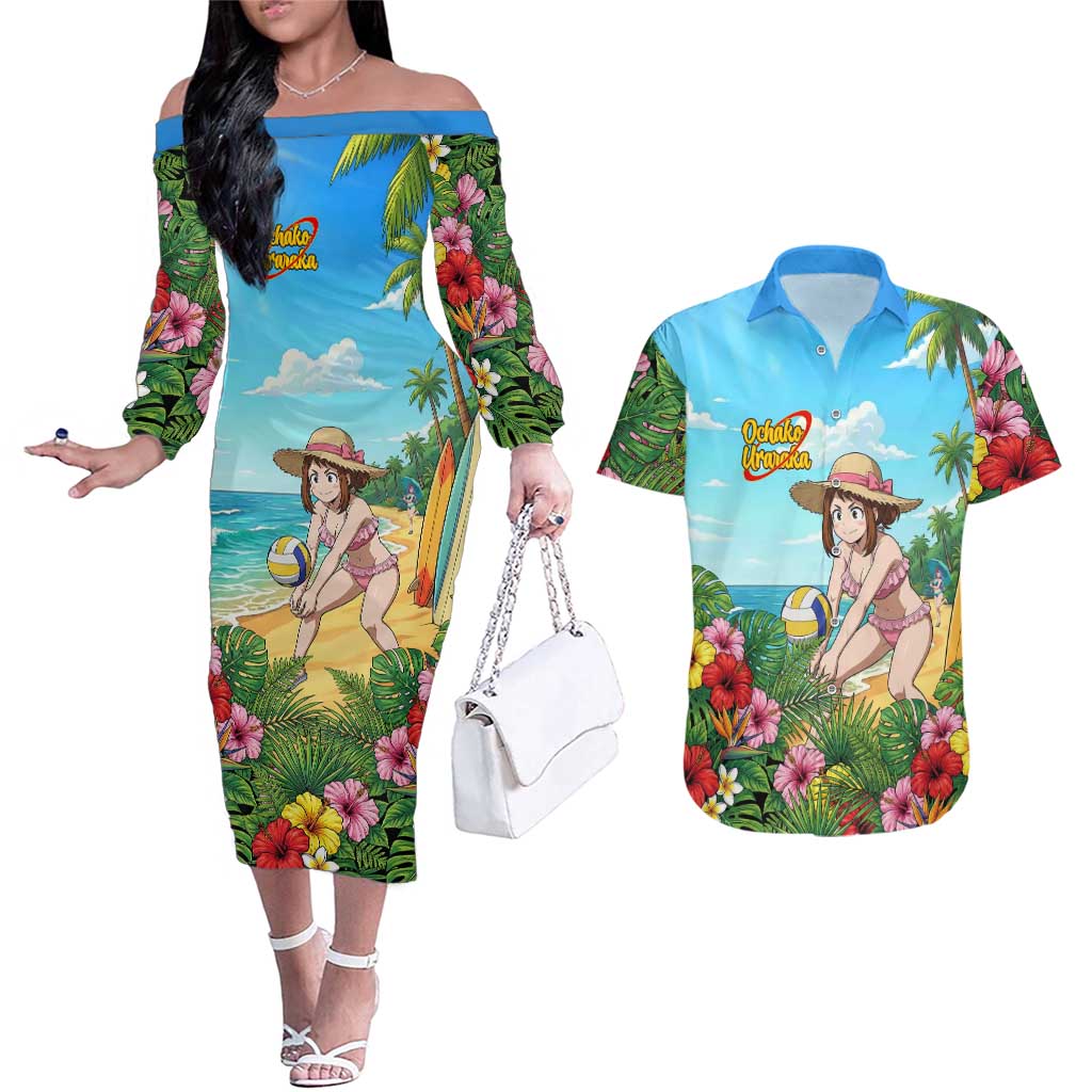 Ochako Uraraka Summer Chill Couples Matching Off The Shoulder Long Sleeve Dress and Hawaiian Shirt Tropical Anime Beach Play