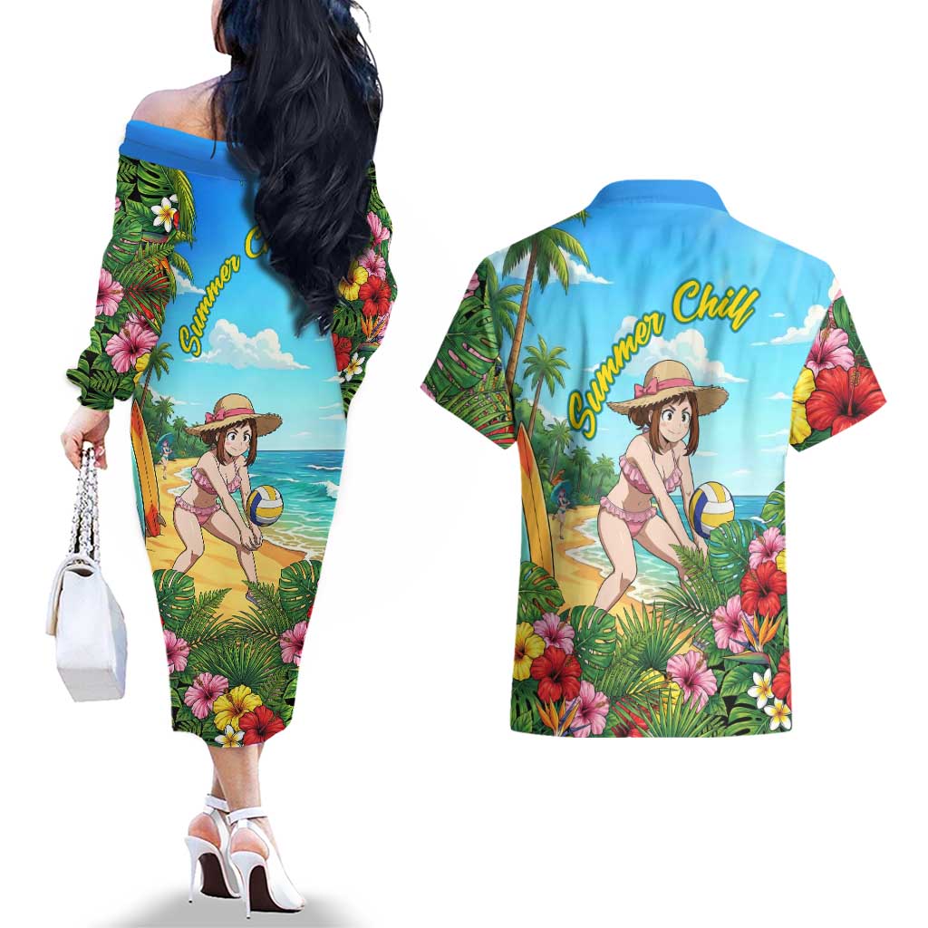 Ochako Uraraka Summer Chill Couples Matching Off The Shoulder Long Sleeve Dress and Hawaiian Shirt Tropical Anime Beach Play