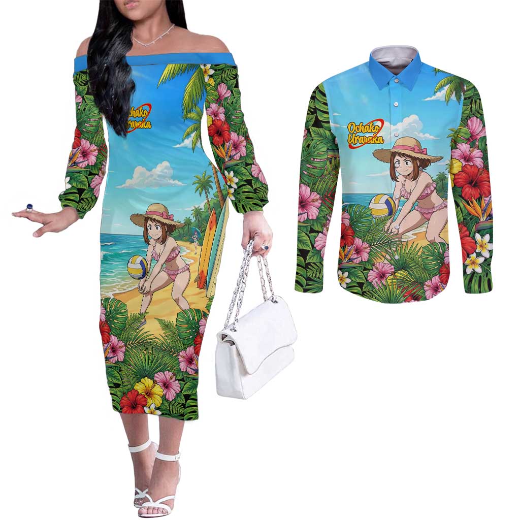 Ochako Uraraka Summer Chill Couples Matching Off The Shoulder Long Sleeve Dress and Long Sleeve Button Shirt Tropical Anime Beach Play