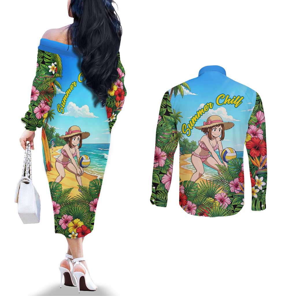 Ochako Uraraka Summer Chill Couples Matching Off The Shoulder Long Sleeve Dress and Long Sleeve Button Shirt Tropical Anime Beach Play