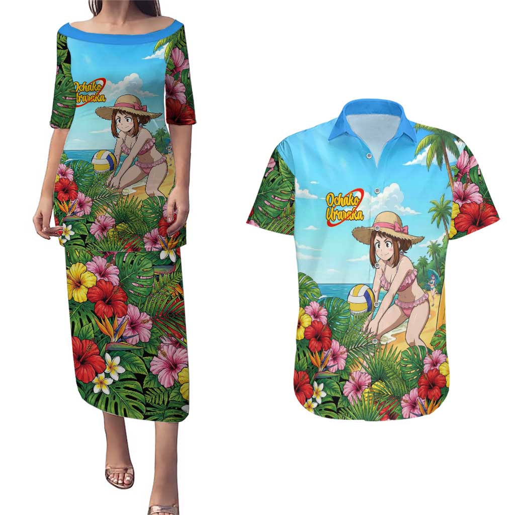 Ochako Uraraka Summer Chill Couples Matching Puletasi and Hawaiian Shirt Tropical Anime Beach Play