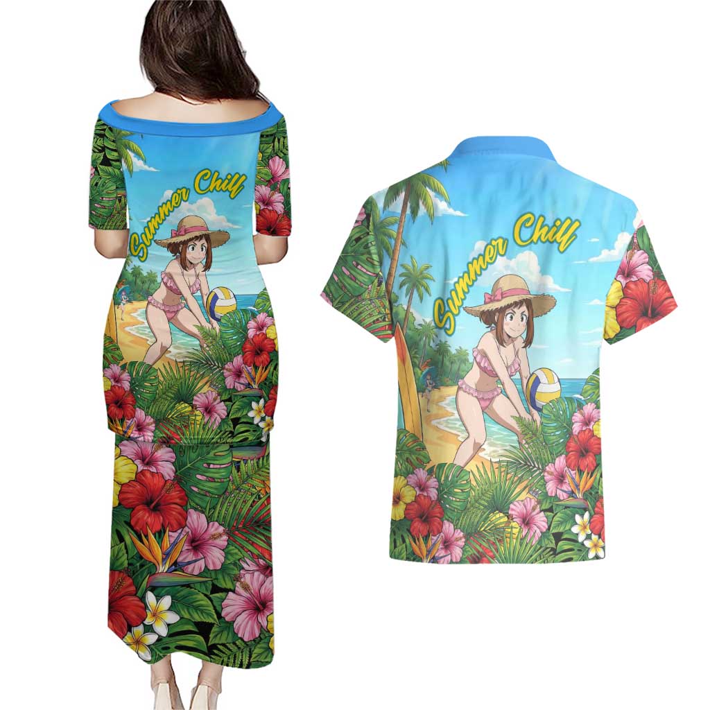 Ochako Uraraka Summer Chill Couples Matching Puletasi and Hawaiian Shirt Tropical Anime Beach Play
