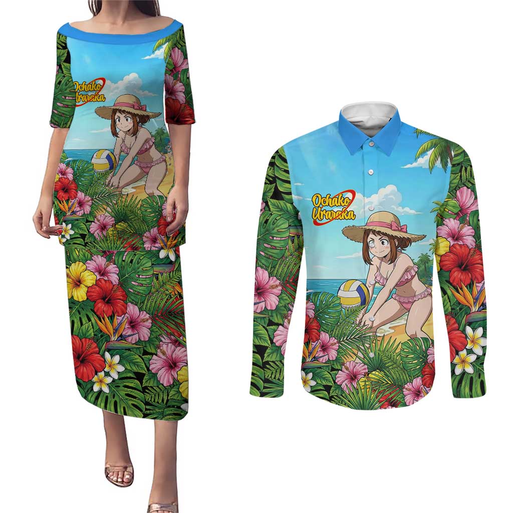 Ochako Uraraka Summer Chill Couples Matching Puletasi and Long Sleeve Button Shirt Tropical Anime Beach Play