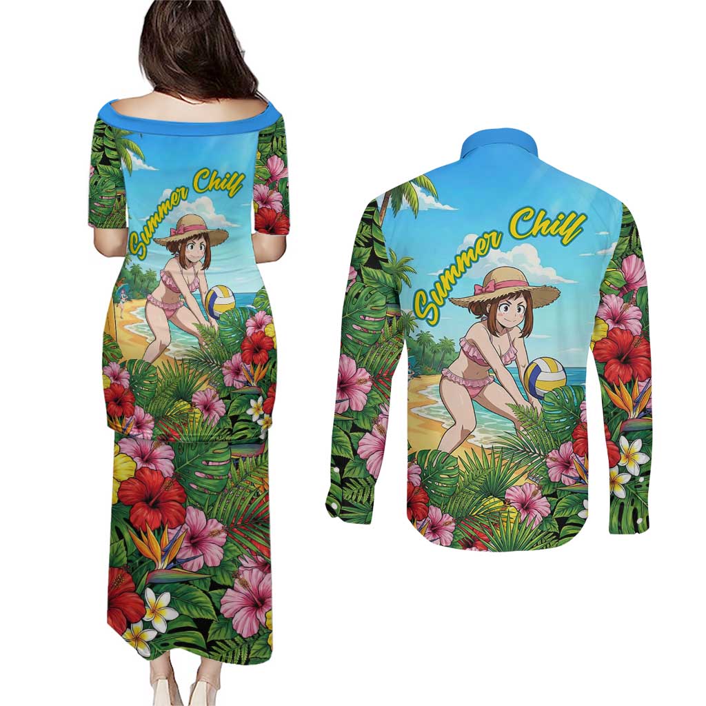 Ochako Uraraka Summer Chill Couples Matching Puletasi and Long Sleeve Button Shirt Tropical Anime Beach Play