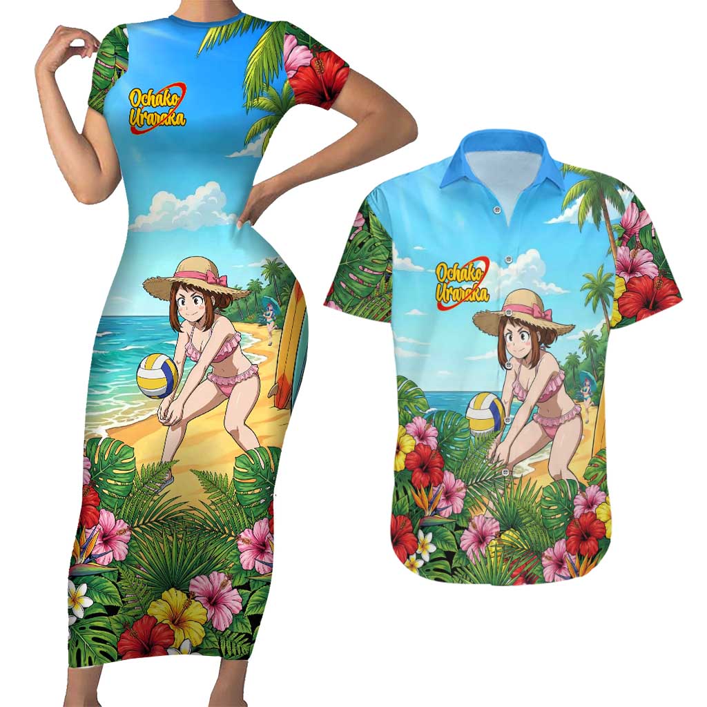 Ochako Uraraka Summer Chill Couples Matching Short Sleeve Bodycon Dress and Hawaiian Shirt Tropical Anime Beach Play