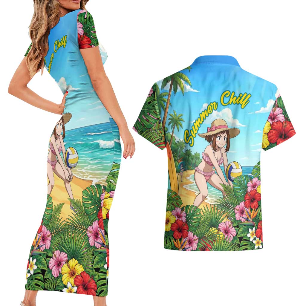 Ochako Uraraka Summer Chill Couples Matching Short Sleeve Bodycon Dress and Hawaiian Shirt Tropical Anime Beach Play