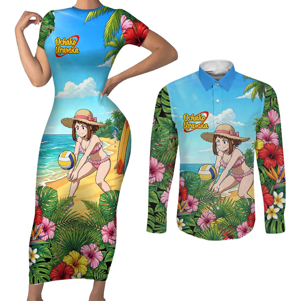 Ochako Uraraka Summer Chill Couples Matching Short Sleeve Bodycon Dress and Long Sleeve Button Shirt Tropical Anime Beach Play